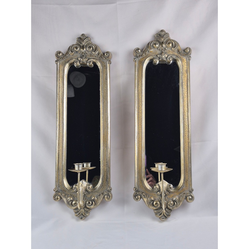 Large Pair of Baroque Style Gold Mirror Wall Candle Sconces Antiqued Gilt Finish